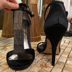 L.A.M.B Black Satin Heels. 8.5. Silver Tassles